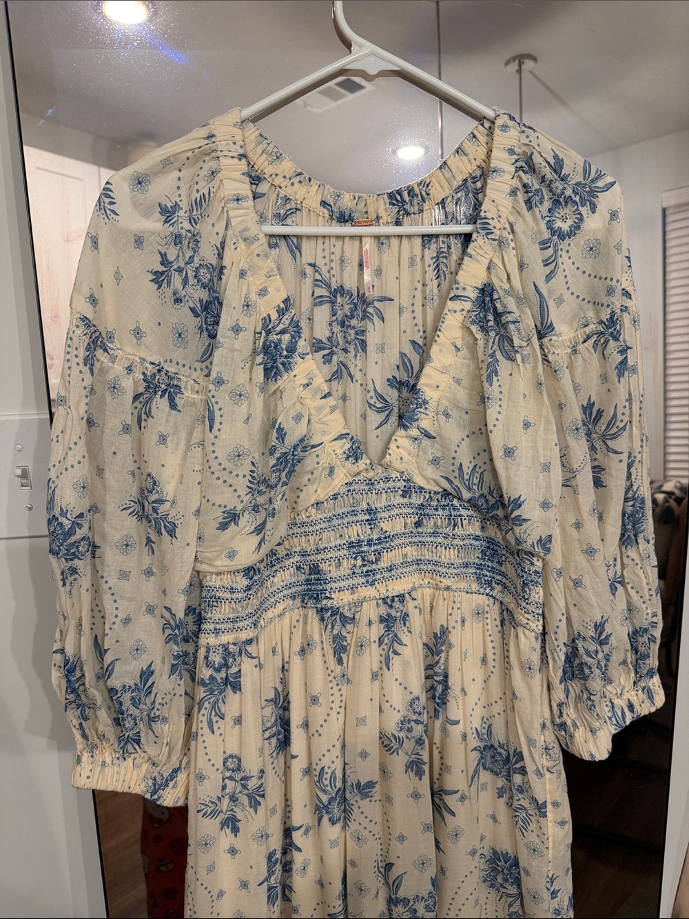 Free People Blue & Cream Floral Boho Maxi Dress Cottagecore Dress M